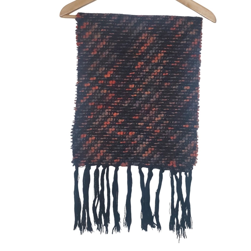 Bridgestown‎ Collection Woven Scarf Orange Black Textured Fringe 100% Wool